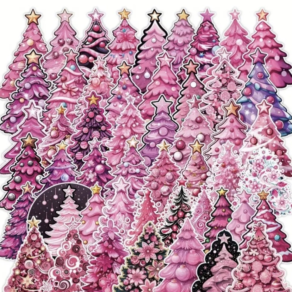 Festive Pink Christmas Tree Sticker Collection 50 Count - Picture 2 of 6